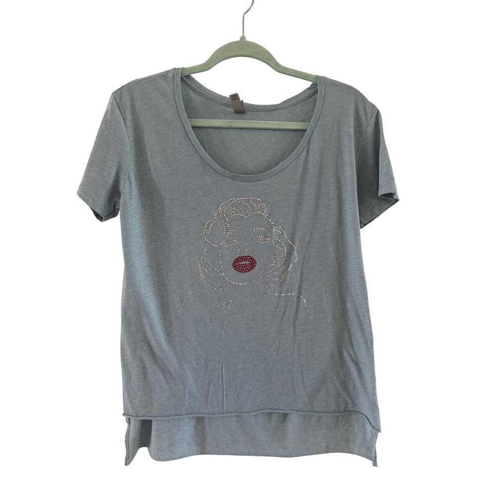 Next Level Marilyn Monroe Rhinestone Graphic T-Shirt Gray Scoop Neck Large